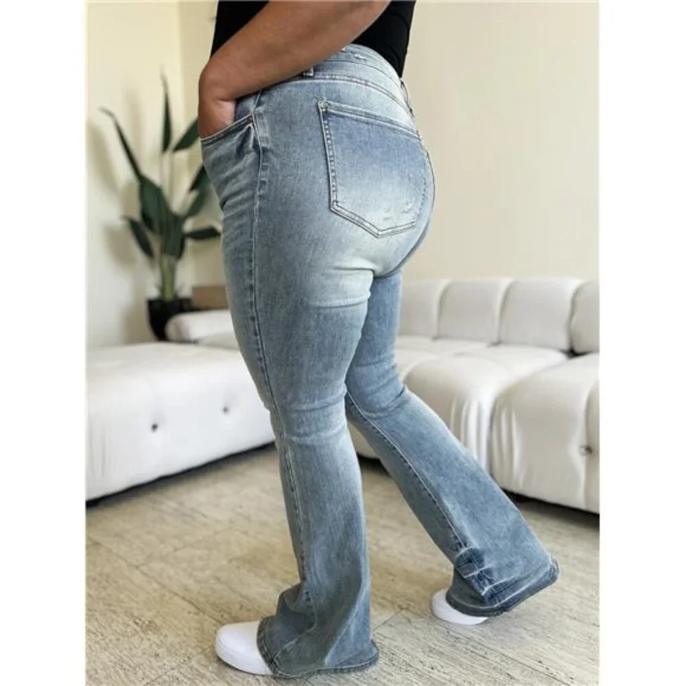 NWT ๐ Judy Blue Mid Rise Flare Jeans, Faded Detailing, Reg and Plus Sizes - Picture 2 of 9